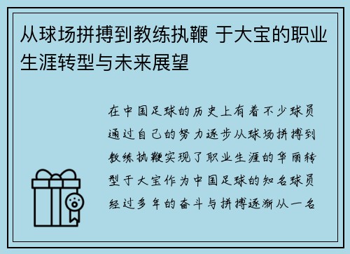 从球场拼搏到教练执鞭 于大宝的职业生涯转型与未来展望